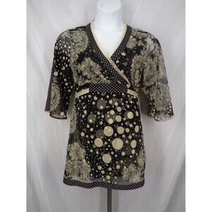 Anac Designed by Kimi Dot V-Neck Top Size Large Mesh Tie Waist Flare Sleeve Y2K